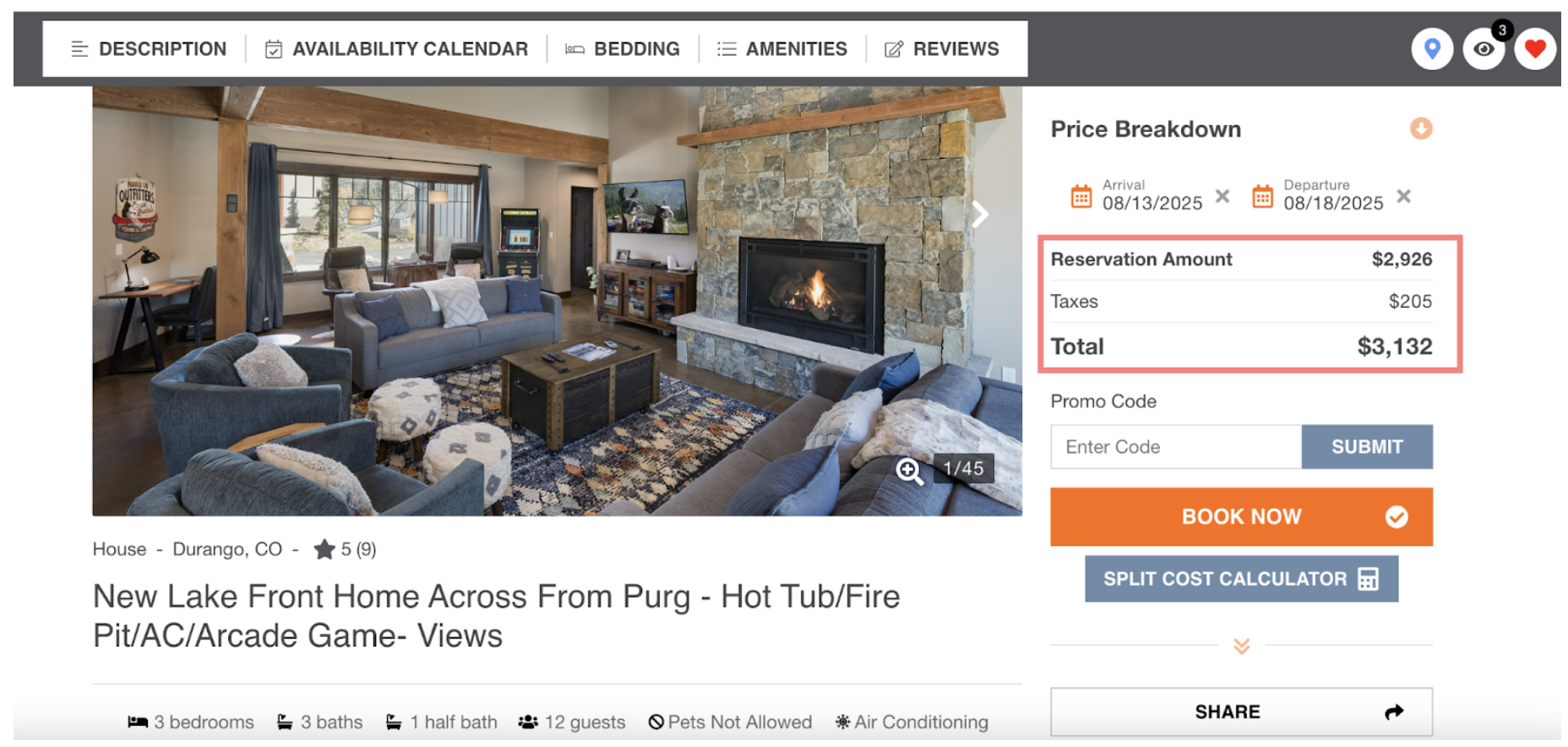 image displaying vacation rental total pricing